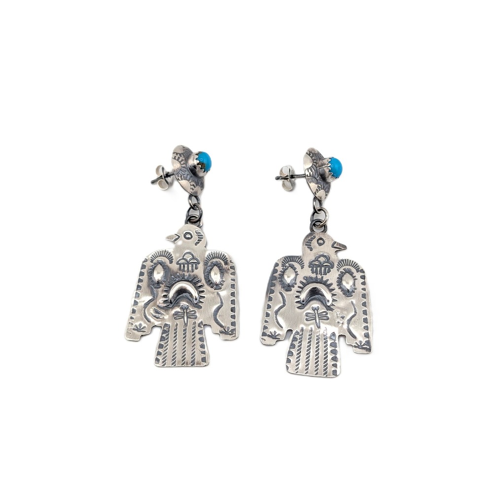 Navajo Thunderbird Dangle Earrings Oxidized Sterling Silver Kingman Turquoise** - Picture 4 of 7